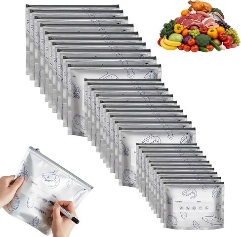30PCS Reusable Aluminum Foil Sealable Storage Bags, Aluminum Foil Freezer Bag for Food, Stand Up Foil Storage Bags with Label and Zip Lock for Vegetable Fruit Meat (10*S+10*M+10*L) in Kuwait