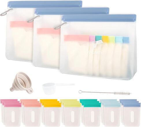 Protein Powder Container Travel Set, 21 Single Dose Bags, 3 Large Zip Bags, Storage Containers with Funnel and Spoon (40 PACK) in Kuwait