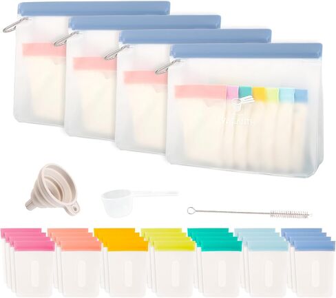 Protein Powder Container Travel Set, 21 Single Dose Bags, 3 Large Zip Bags, Storage Containers with Funnel and Spoon (40 PACK) in Kuwait