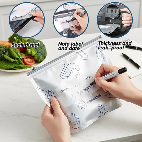 30PCS Reusable Aluminum Foil Sealable Storage Bags, Aluminum Foil Freezer Bag for Food, Stand Up Foil Storage Bags with Label and Zip Lock for Vegetable Fruit Meat (10*S+10*M+10*L) in Kuwait