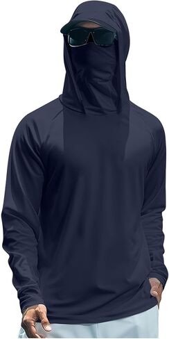 Men's Camo Fishing Shirts with Hood Face Mask Long Sleeve Sun Protection UV Hoodie Quick Dry Lightweight Hiking Work in Kuwait