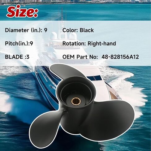 9 x 9 Boat Outboard Propeller Compatible with Mercury Engines 6HP 8HP 9.9HP 10HP 15HP 3 Blade/8 Spline Tooth Replace# 48-828156A12 in Kuwait