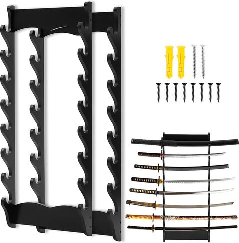 Leinuosen 2 Pack 8 Tier Wall Mounted Sword Rack Wooden Sword Display Stand for Katana, Wakizashi, Tanto, Samurai, Secure Wall Mounted Holder for Collectibles & Gifts in Kuwait