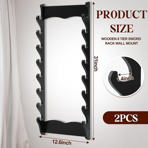 Leinuosen 2 Pack 8 Tier Wall Mounted Sword Rack Wooden Sword Display Stand for Katana, Wakizashi, Tanto, Samurai, Secure Wall Mounted Holder for Collectibles & Gifts in Kuwait