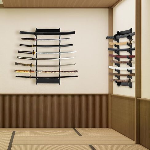 Leinuosen 2 Pack 8 Tier Wall Mounted Sword Rack Wooden Sword Display Stand for Katana, Wakizashi, Tanto, Samurai, Secure Wall Mounted Holder for Collectibles & Gifts in Kuwait