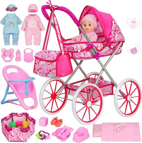 Baby Doll Stroller, Foldable Unicorn Doll Stroller with 11" Doll, Playpen, Dining Chair, 24 PCS Baby Doll Accessories,Doll Playset Toy for Girls Toddlers 3-5 4-6 Birthday in Saudi Arabia