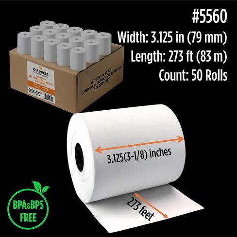 DU-MOST 5560 Thermal Receipt Paper Rolls, 3-1/8" x 273 ft, 50 Pack, BPA & BPS Free Premium POS Cash Register Paper Bulk for POS Cash Register, Receipt Printers in Kuwait