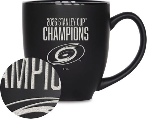 ريكو إندستريز NHL Hockey Carolina Hurricanes 2026 كأس ستانلي أبطال 15oz محفور بالليزر أسود غير لامع كوب بيسترو من السيراميك - للمشروبات الساخنة أو الباردة in Kuwait