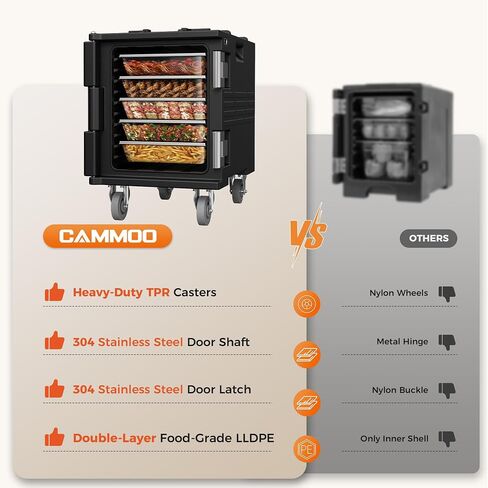 سخانات طعام CAMMOO 82qt مع عجلات دوارة 304 مزلاج من الفولاذ المقاوم للصدأ وعمود باب، حامل طعام معزول، صندوق ساخن غير كهربائي لـ 5 مقالي كاملة الحجم (غير متضمنة)، صناديق ساخنة لتقديم الطعام in Kuwait