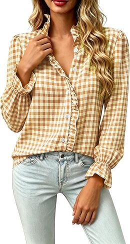 Womens Tops Ruffle Gingham Dressy Long Sleeve Shirts | Vintage Ruffle Collar Look,Classic Gingham Print,Button Front Detail,Relaxed Comfortable Fit,Dressy Casual Blouses,Office in Saudi Arabia