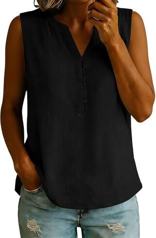 Womens Summer Tops Cotton Linen Button Up Tank Top | Womens Sleeveless V Neck Henley Shirts Pleated Front Solid Color Blouses Casual Loose Fit Blouse Summer Dressy Tees for Daily in Kuwait