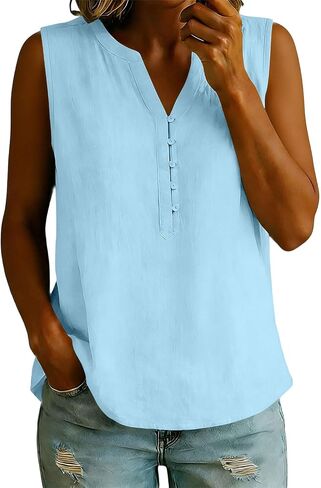 Womens Summer Tops Cotton Linen Button Up Tank Top | Womens Sleeveless V Neck Henley Shirts Pleated Front Solid Color Blouses Casual Loose Fit Blouse Summer Dressy Tees for Daily in Kuwait