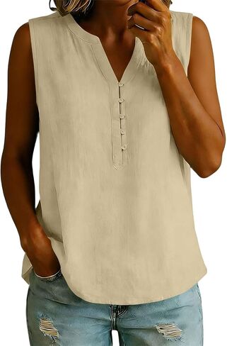 Womens Summer Tops Cotton Linen Button Up Tank Top | Womens Sleeveless V Neck Henley Shirts Pleated Front Solid Color Blouses Casual Loose Fit Blouse Summer Dressy Tees for Daily in Kuwait