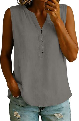 Womens Summer Tops Cotton Linen Button Up Tank Top | Womens Sleeveless V Neck Henley Shirts Pleated Front Solid Color Blouses Casual Loose Fit Blouse Summer Dressy Tees for Daily in Kuwait