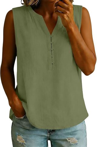 Womens Summer Tops Cotton Linen Button Up Tank Top | Womens Sleeveless V Neck Henley Shirts Pleated Front Solid Color Blouses Casual Loose Fit Blouse Summer Dressy Tees for Daily in Kuwait