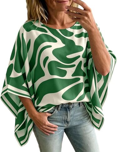 Womens Poncho Top Print 3/4 Sleeve Oversized Tops | Flowy Oversized Fit,Abstract Pattern Print,Round Neckline Shape,Boho Summer Tops,Beach Vacation Wear,Elegant Cape Look in Saudi Arabia