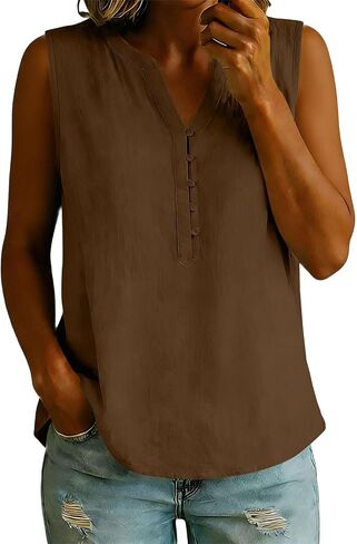 Womens Summer Tops Cotton Linen Button Up Tank Top | Womens Sleeveless V Neck Henley Shirts Pleated Front Solid Color Blouses Casual Loose Fit Blouse Summer Dressy Tees for Daily in Kuwait