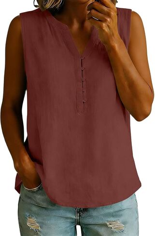Womens Summer Tops Cotton Linen Button Up Tank Top | Womens Sleeveless V Neck Henley Shirts Pleated Front Solid Color Blouses Casual Loose Fit Blouse Summer Dressy Tees for Daily in Kuwait