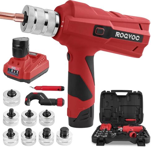 Electric Tubing Expander, Power Swaging Tool Kit for Copper Aluminum Pipes, 8 Expander Heads(5/16" to 1-1/8"), Tube Cutter, Deburring Tool and 1.5Ah Battery for HVAC and Plumbing Expansion in Kuwait