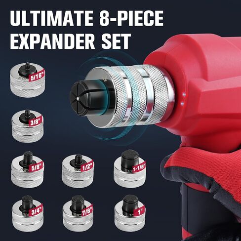 Electric Tubing Expander, Power Swaging Tool Kit for Copper Aluminum Pipes, 8 Expander Heads(5/16" to 1-1/8"), Tube Cutter, Deburring Tool and 1.5Ah Battery for HVAC and Plumbing Expansion in Kuwait