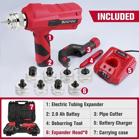 Electric Tubing Expander, Power Swaging Tool Kit for Copper Aluminum Pipes, 8 Expander Heads(5/16" to 1-1/8"), Tube Cutter, Deburring Tool and 1.5Ah Battery for HVAC and Plumbing Expansion in Kuwait