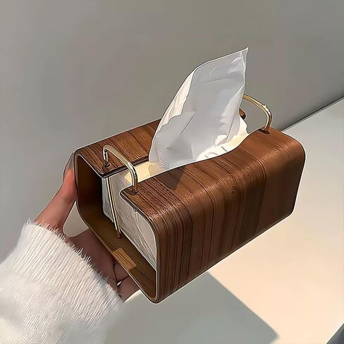 Wooden Tissue Box Holder, Rectangular Napkin Dispenser with Brass Metal Handle, Modern Minimalist Style for Living Room, Bathroom, Office in Kuwait