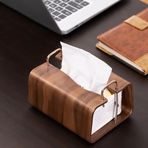 Wooden Tissue Box Holder, Rectangular Napkin Dispenser with Brass Metal Handle, Modern Minimalist Style for Living Room, Bathroom, Office in Kuwait