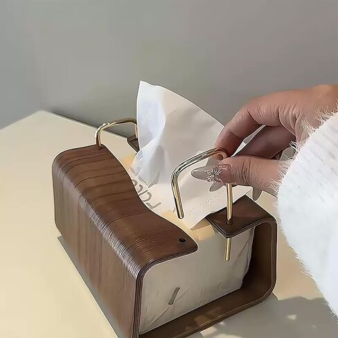 Wooden Tissue Box Holder, Rectangular Napkin Dispenser with Brass Metal Handle, Modern Minimalist Style for Living Room, Bathroom, Office in Kuwait