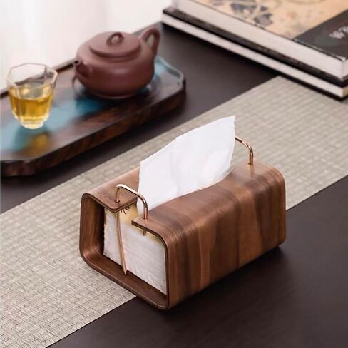 Wooden Tissue Box Holder, Rectangular Napkin Dispenser with Brass Metal Handle, Modern Minimalist Style for Living Room, Bathroom, Office in Kuwait
