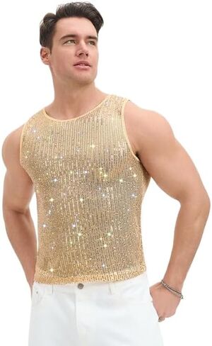 Men's Sequined Vest, Shiny Metal Ball mesh Clothing, Transparent Disco in Kuwait