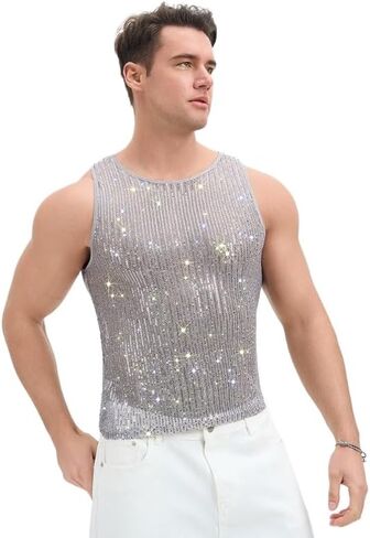 Men's Sequined Vest, Shiny Metal Ball mesh Clothing, Transparent Disco in Kuwait