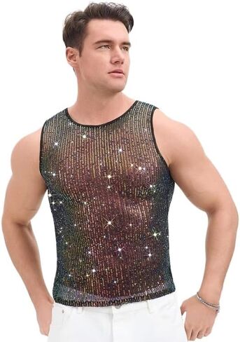 Men's Sequined Vest, Shiny Metal Ball mesh Clothing, Transparent Disco in Kuwait