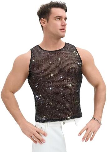 Men's Sequined Vest, Shiny Metal Ball mesh Clothing, Transparent Disco in Kuwait