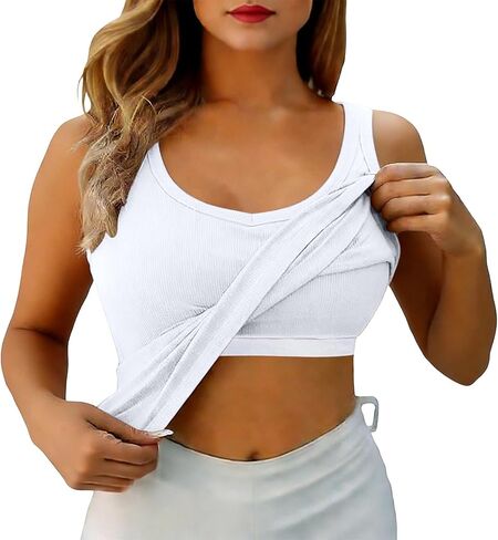 Tank Top with Bra Built in Workout Camisole Tops U Neck Wide Strap High Strechy Sleeveless Slim Fit Summer Shirts in Kuwait