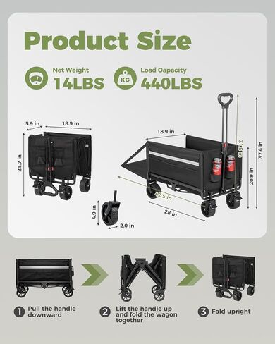 Collapsible Wagon 440lbs Load 42.5" Extra Long with Brake, Cover, Tailgate | 120L Plus Capacity, Heavy Duty, All Terrain, beach wagon, foldable wagon, Folding Wagon for Dogs, Sand, sport, Groceries in Kuwait
