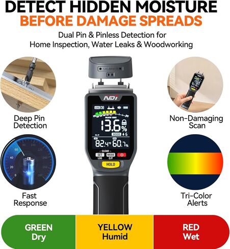 NDI ND316PRO Dual-Mode Moisture Meter – Pin & Pinless Non-Destructive, Wood & Building Materials, Temperature & Humidity Display, Data Log, Backlit LCD in Kuwait