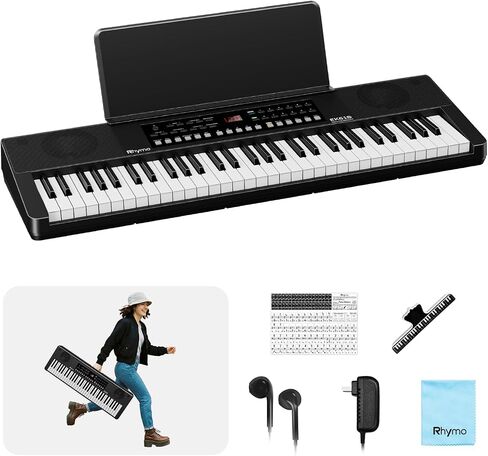 بيانو لوحة مفاتيح Rhymo 61 مفتاحًا، لوحة مفاتيح بيانو كهربائية مع استجابة باللمس، شاشة LED، حامل موسيقى، 300 صوت، 300 إيقاع، بيانو لوحة مفاتيح تعليمية للمبتدئين، مكبرات صوت مدمجة (أسود) in Kuwait