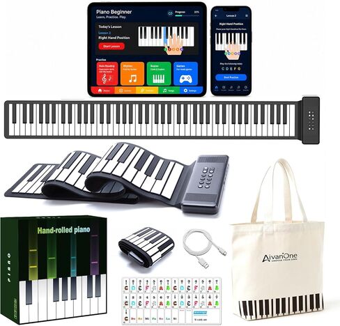 تطبيق AIVANONE 88 Key Roll Up Piano Keyboard اللاسلكي | تصميم قابل للطي، بطارية قابلة لإعادة الشحن، تخطيط لوحة مفاتيح كاملة الحجم، سهولة التخزين والحمل، مثالية للمبتدئين in Kuwait