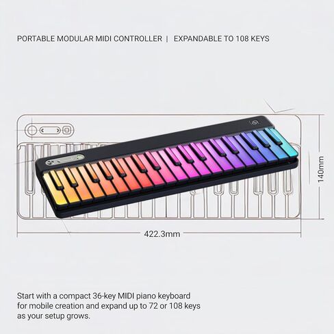 حزمة وحدة تحكم لوحة مفاتيح MIDI مكونة من 72 مفتاحًا مع مفاتيح إضاءة 2×36 RGB، حقيبة حمل واقية، بدون تغيير أوكتاف، بلوتوث MIDI، USB-C وNFC، متوافق مع DAW، أسود in Kuwait