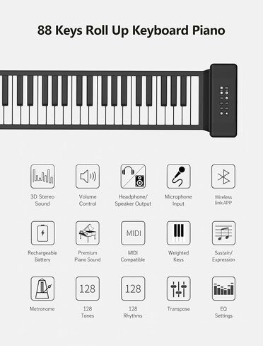 تطبيق AIVANONE 88 Key Roll Up Piano Keyboard اللاسلكي | تصميم قابل للطي، بطارية قابلة لإعادة الشحن، تخطيط لوحة مفاتيح كاملة الحجم، سهولة التخزين والحمل، مثالية للمبتدئين in Kuwait