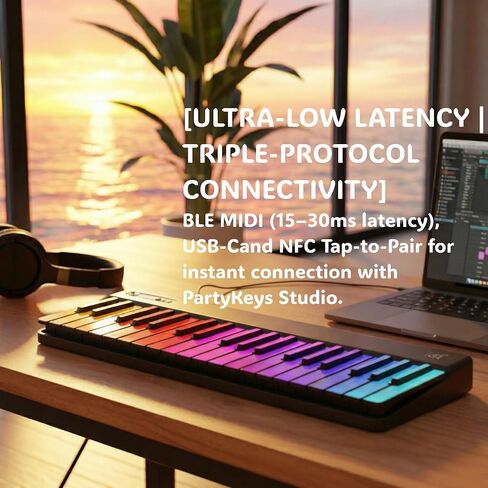حزمة وحدة تحكم لوحة مفاتيح MIDI مكونة من 72 مفتاحًا مع مفاتيح إضاءة 2×36 RGB، حقيبة حمل واقية، بدون تغيير أوكتاف، بلوتوث MIDI، USB-C وNFC، متوافق مع DAW، أسود in Kuwait