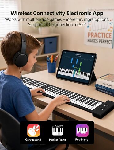 تطبيق AIVANONE 88 Key Roll Up Piano Keyboard اللاسلكي | تصميم قابل للطي، بطارية قابلة لإعادة الشحن، تخطيط لوحة مفاتيح كاملة الحجم، سهولة التخزين والحمل، مثالية للمبتدئين in Kuwait