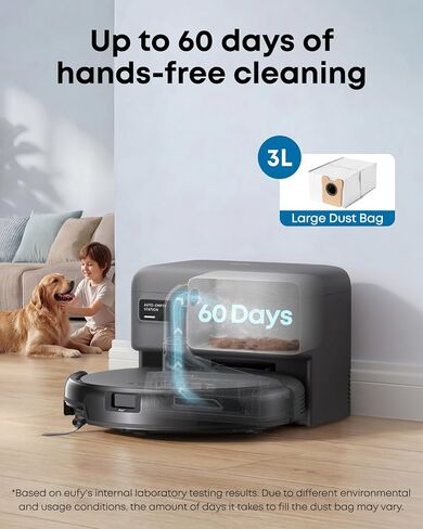 eufy C10 Robot Vacuum ذاتي التفريغ، 8 أسابيع بدون استخدام اليدين، رسم خرائط ذكي متقدم مع نظام ملاحة LiDAR، تصميم نحيف 2.85 بوصة، شفط قوي، فرشاة توسيع الحافة لشعر الحيوانات الأليفة، اكتشاف السجاد in Kuwait