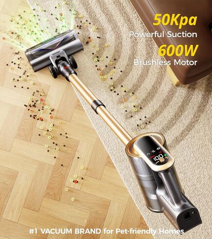 RENDOW Cordless Vacuum Cleaner, 600W 50Kpa 65Mins Vacuum Cleaners for Home, Self-Standing Cordless Stick Vacuum with LED Display,Anti-Tangle Rechargeable Wireless Vacuum for Pet Hair/Carpet/Hard Floor in Kuwait