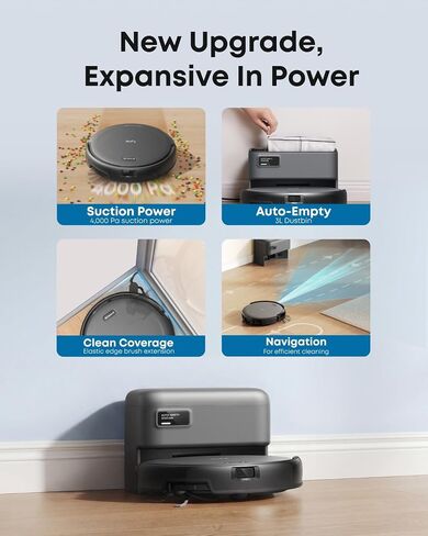 eufy C10 Robot Vacuum ذاتي التفريغ، 8 أسابيع بدون استخدام اليدين، رسم خرائط ذكي متقدم مع نظام ملاحة LiDAR، تصميم نحيف 2.85 بوصة، شفط قوي، فرشاة توسيع الحافة لشعر الحيوانات الأليفة، اكتشاف السجاد in Kuwait