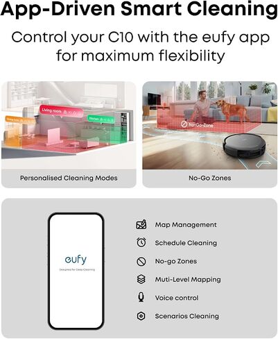 eufy C10 Robot Vacuum ذاتي التفريغ، 8 أسابيع بدون استخدام اليدين، رسم خرائط ذكي متقدم مع نظام ملاحة LiDAR، تصميم نحيف 2.85 بوصة، شفط قوي، فرشاة توسيع الحافة لشعر الحيوانات الأليفة، اكتشاف السجاد in Kuwait