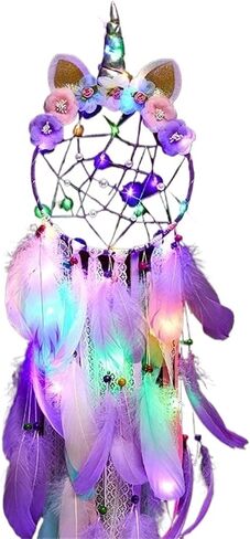 Dream Catcher LED Light Wind Chimes - Feather Hanging Dream Catchers Bedroom Wall Decoration ﻿(A-Pink No Light) in Kuwait