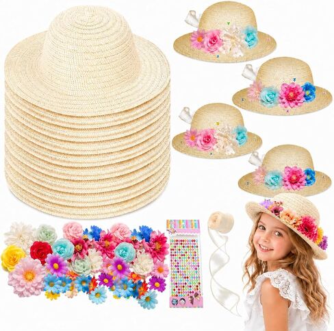 12 Set DIY Tea Party Hats for Girls Straw Hat with Artificial Flowers Home School Creative Craft Art Painting Hats Cowboy Dress Up Straw Hat Mother‘s Day Tea Birthday Party Decoration Favors Supplies in Saudi Arabia