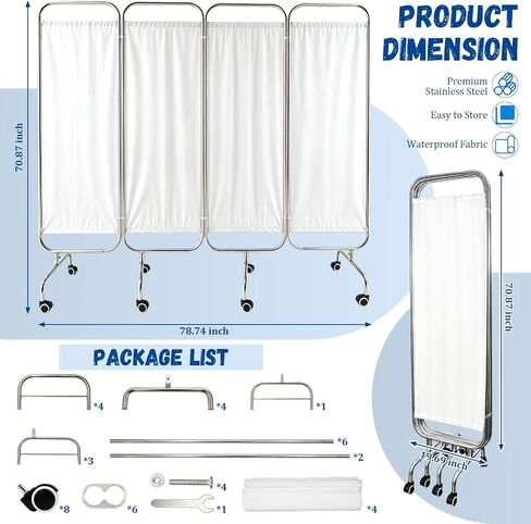 4-Panel Medical Privacy Screen, 79" W X 71" H Portable Room Divider with Lockable Wheels, Movable Stainless Steel Folding Room Partitions for Hospital, Clinic, Bedroom, Salon, White in Kuwait