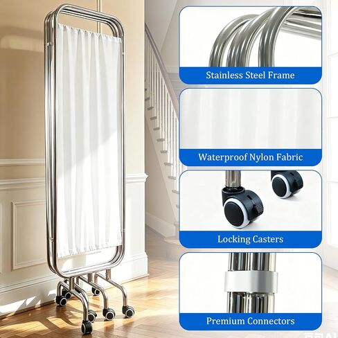 4-Panel Medical Privacy Screen, 79" W X 71" H Portable Room Divider with Lockable Wheels, Movable Stainless Steel Folding Room Partitions for Hospital, Clinic, Bedroom, Salon, White in Kuwait